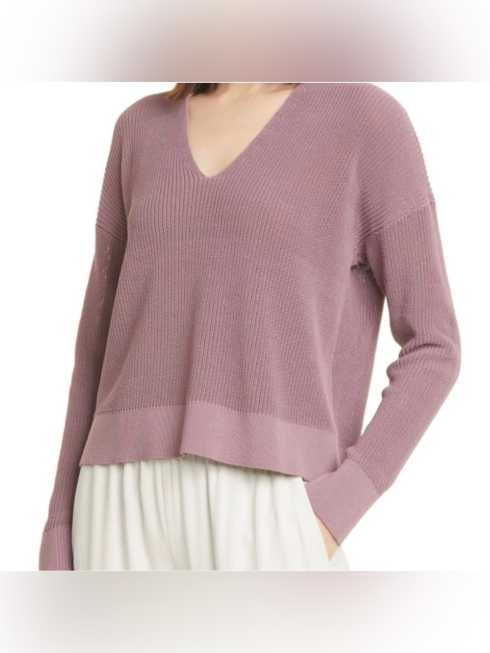 Eileen Fisher Mauve Organic Cotton V-Neck Boxy Knit Sweater 1X